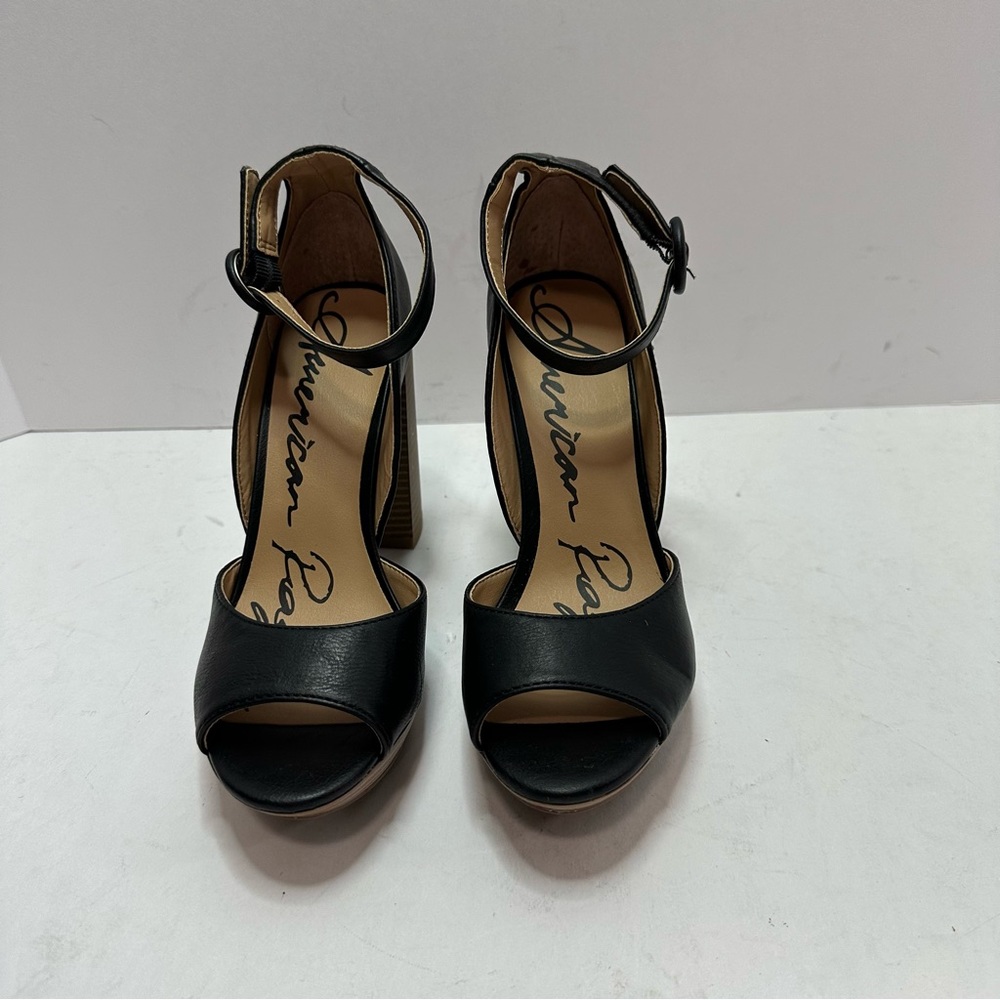 American Rag Women’s Black Leather 3.7 Inch Heel Ankle Strap Open Toed Heels
